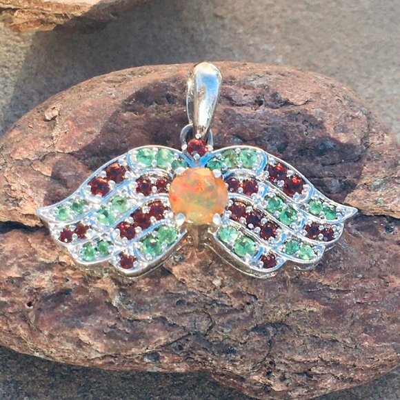 .925 Silver Opal, Tsavorite & Red Garnet Wings Pendant Angel Natural - Picture 10 of 16